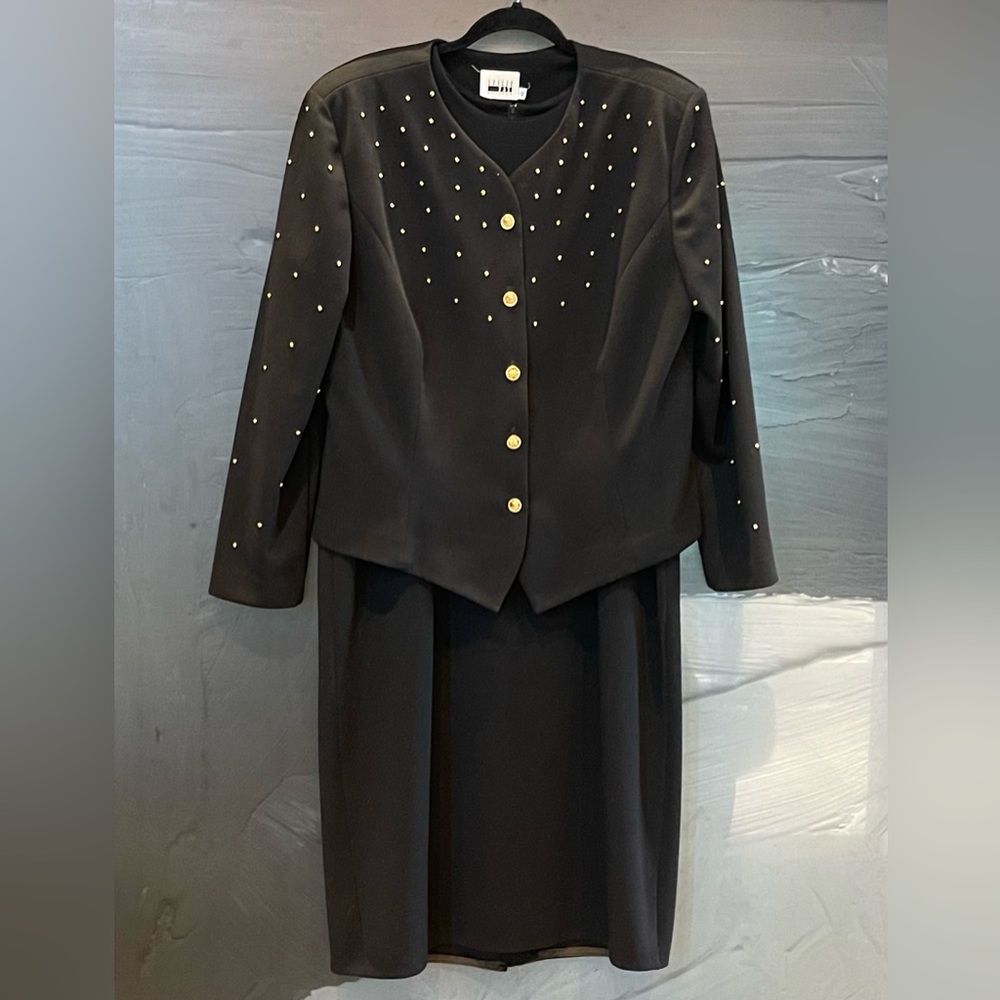 VTG Leslie Fay Sleeveless Black Dress w/Jacket Gold Buttons/Studs Sz 16
